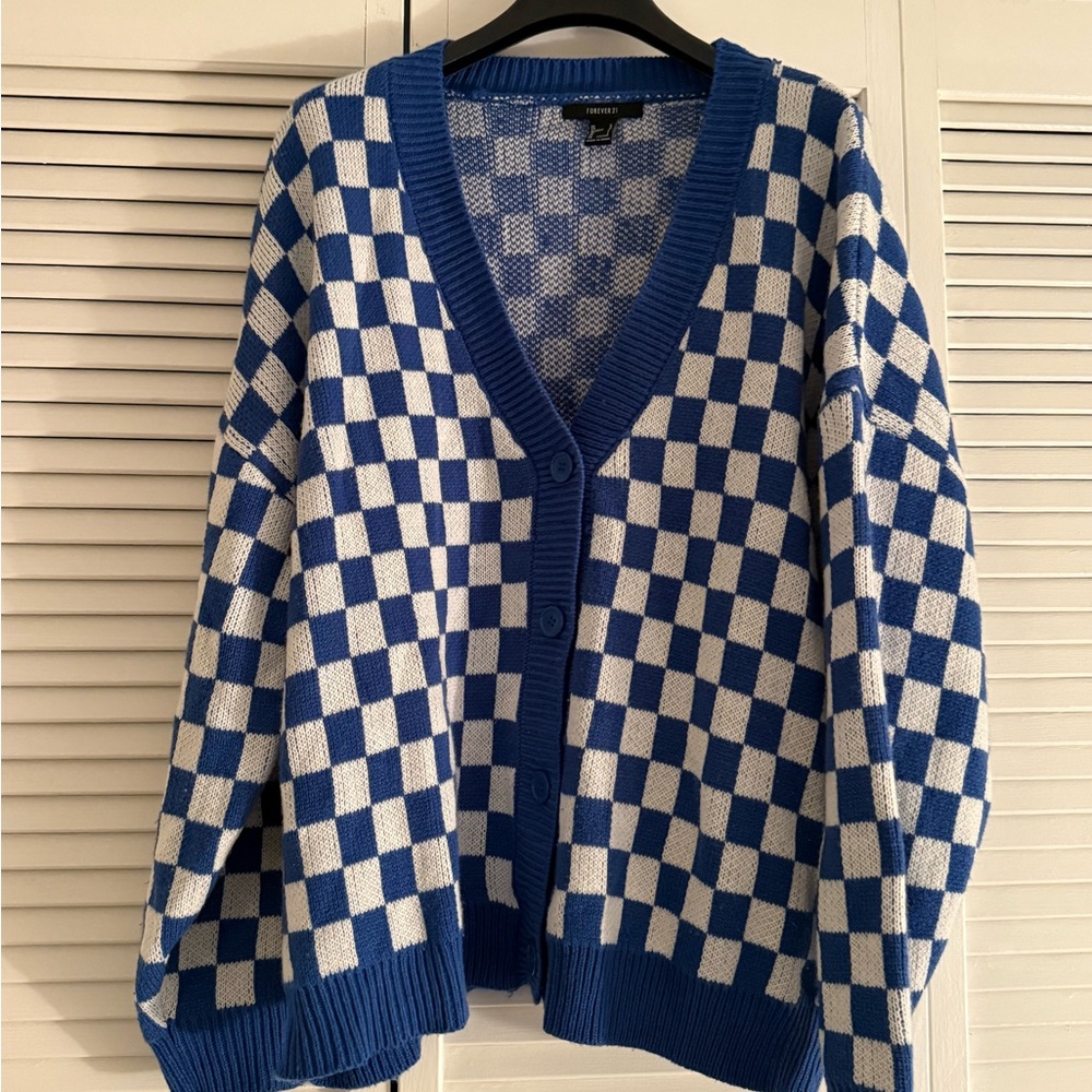 Forever 21 Blue and White Checkered Cardigan